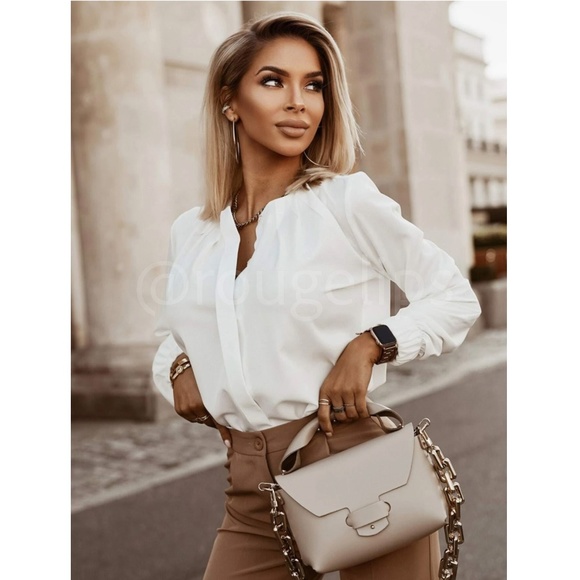 White Hidden Button Down Short Long Sleeve Pleated Details - Picture 3 of 12